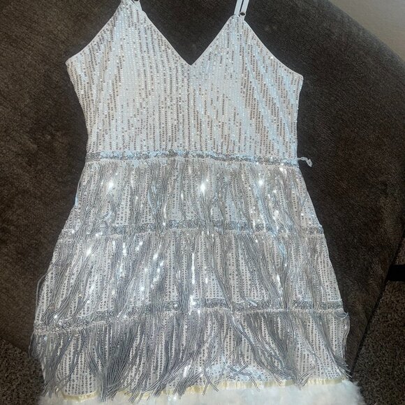 SHEIN Silver Sequin Fringe Mini Dress with Feather Trim - Picture 1 of 5